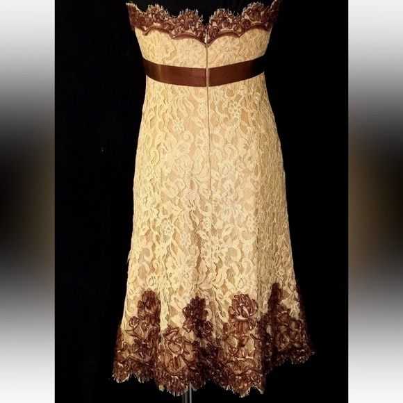 Badgley Mischka Gold Bronze Brown Lace Strapless Cocktail Dress Size 6 - Picture 6 of 14